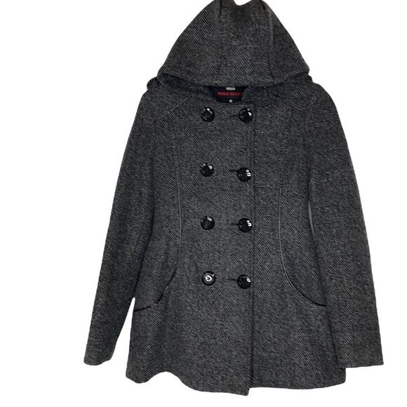 Miss Sixty Wool Blend Double Breasted Belted Pea Coat Grey Tweed Small EUC - Picture 2 of 16